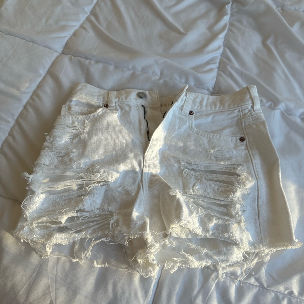 AE white denim shorts